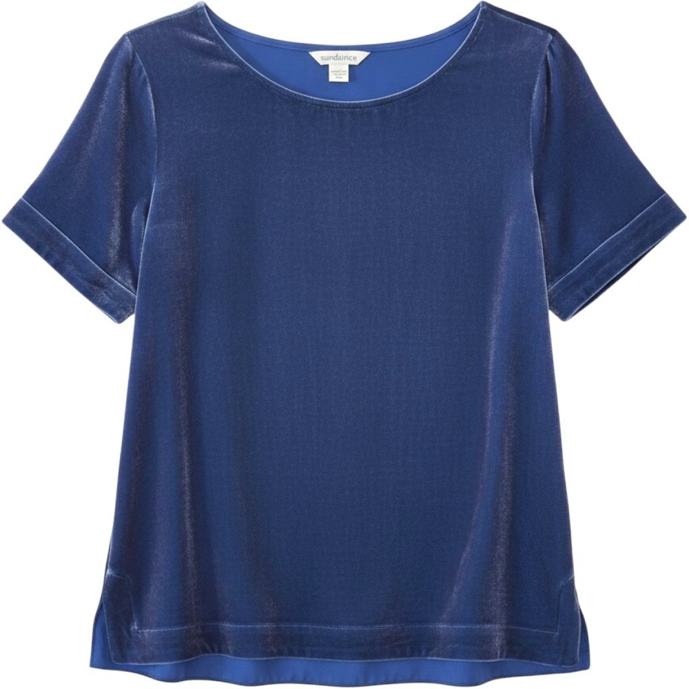 Sundance Blue Silk Rayon Velvet Top Womens Small Short Sleeve Boho Luxe Blouse